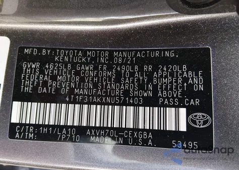 2022 Toyota Camry Xle Hybrid из США, поврежденный, VIN 4T1F31AKXNU571403